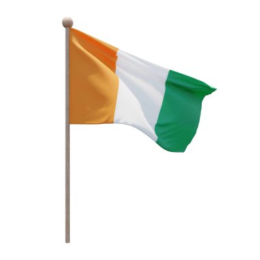 Ivory Coast 3d illustration flag on pole. Wood flagpole