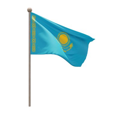 Kazakhstan 3d illustration flag on pole. Wood flagpole