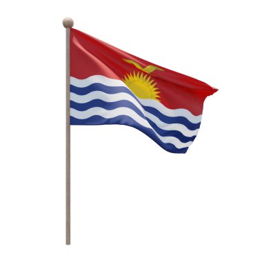 Kiribati 3d illustration flag on pole. Wood flagpole