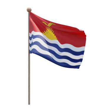Kiribati 3d illustration flag on pole. Wood flagpole