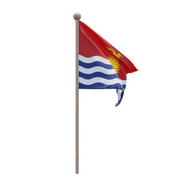 Kiribati 3d illustration flag on pole. Wood flagpole