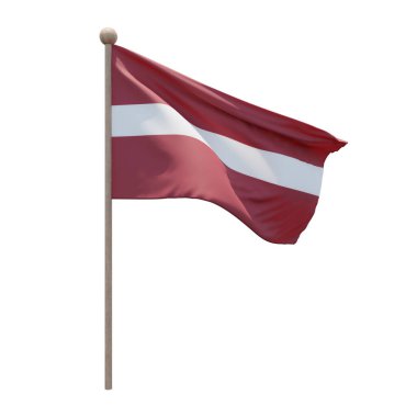 Latvia 3d illustration flag on pole. Wood flagpole