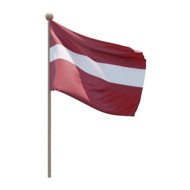 Latvia 3d illustration flag on pole. Wood flagpole