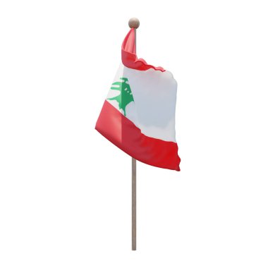 Lebanon 3d illustration flag on pole. Wood flagpole