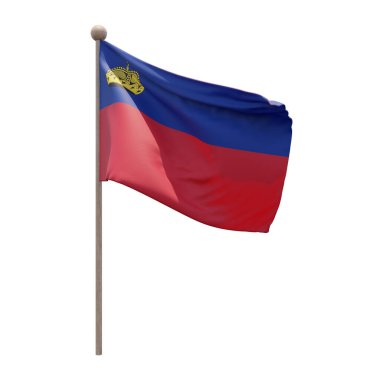 Liechtenstein 3d illustration flag on pole. Wood flagpole