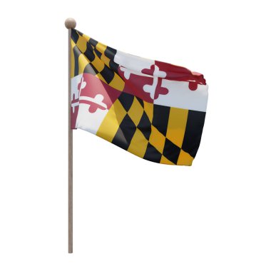 Maryland 3d illustration flag on pole. Wood flagpole
