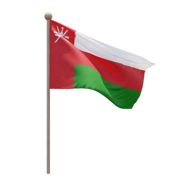 Oman 3d illustration flag on pole. Wood flagpole