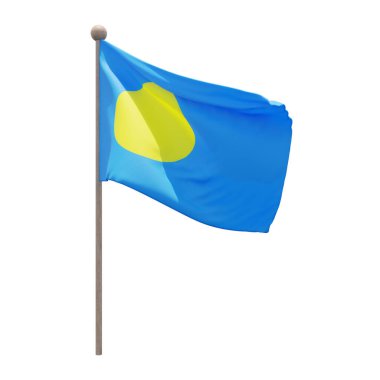 Palau 3d illustration flag on pole. Wood flagpole
