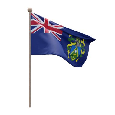 Pitcairn Islands 3d illustration flag on pole. Wood flagpole