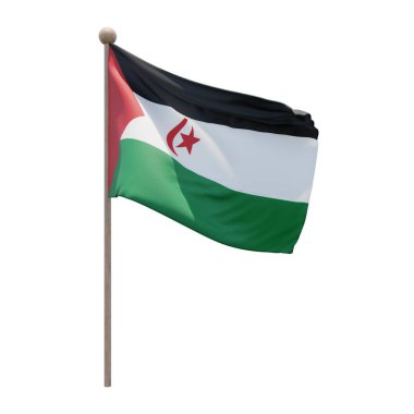 Sahrawi Arab Democratic Republic 3d illustration flag on pole. Wood flagpole