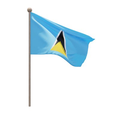 Saint Lucia 3d illustration flag on pole. Wood flagpole
