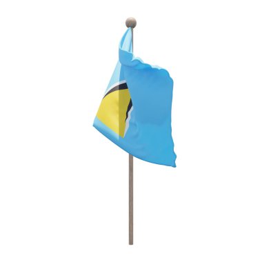 Saint Lucia 3d illustration flag on pole. Wood flagpole