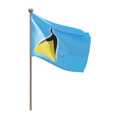 Saint Lucia 3d illustration flag on pole. Wood flagpole