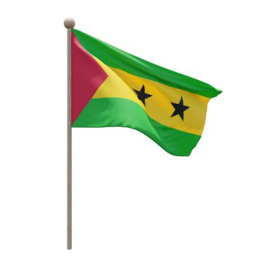 Sao Tome and Principe 3d illustration flag on pole. Wood flagpole