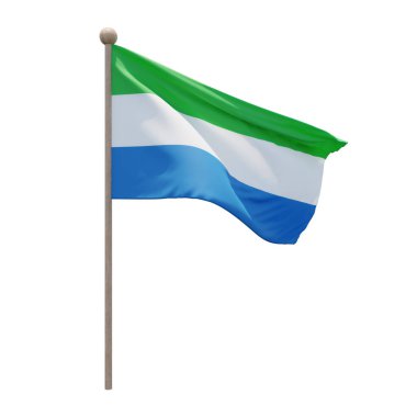 Sierra Leone 3d illustration flag on pole. Wood flagpole