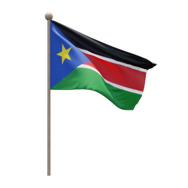 South Sudan 3d illustration flag on pole. Wood flagpole