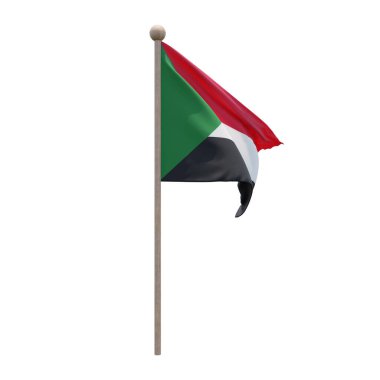 Sudan 3d illustration flag on pole. Wood flagpole