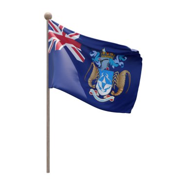 Tristan da Cunha 3d illustration flag on pole. Wood flagpole