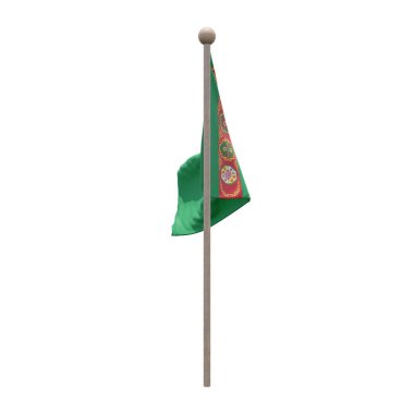 Turkmenistan 3d illustration flag on pole. Wood flagpole