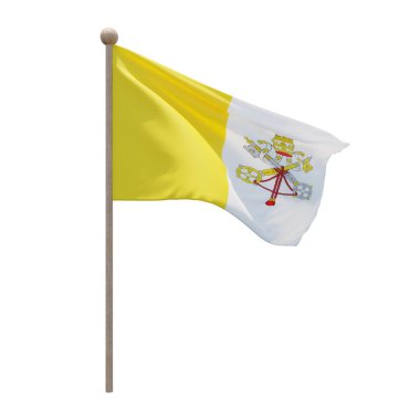 Vatican City 3d illustration flag on pole. Wood flagpole