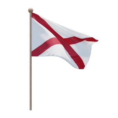 Alabama 3d illustration flag on pole. Wood flagpole