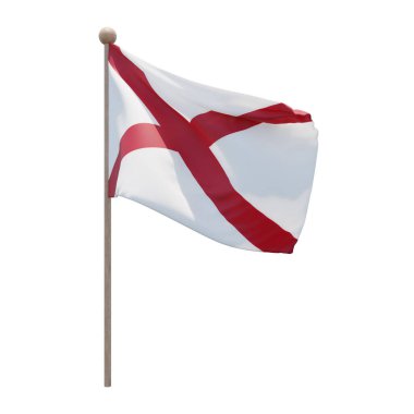 Alabama 3d illustration flag on pole. Wood flagpole