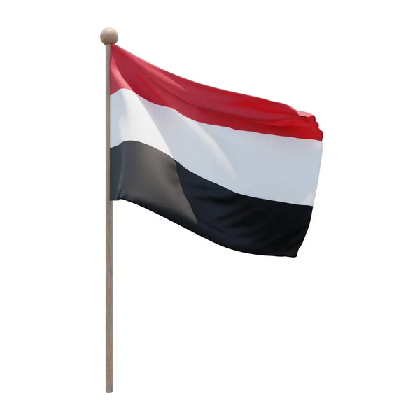 Yemen 3d illustration flag on pole. Wood flagpole