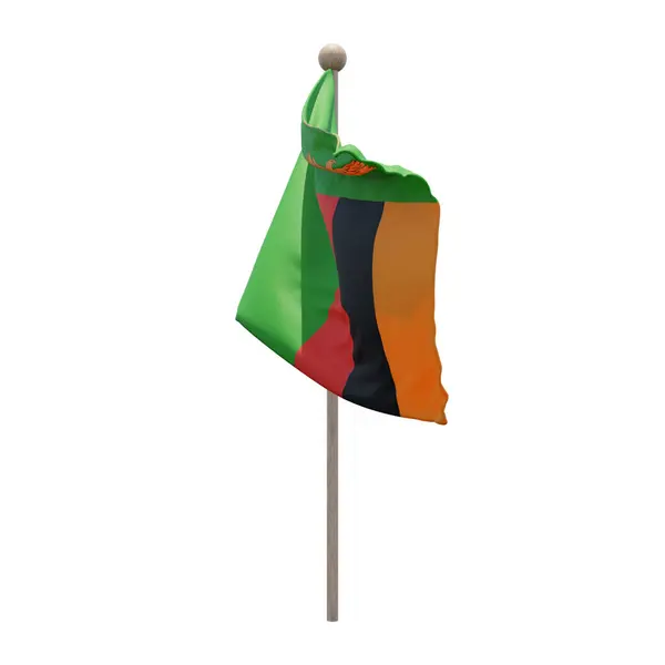 Zambia 3d illustration flag on pole. Wood flagpole