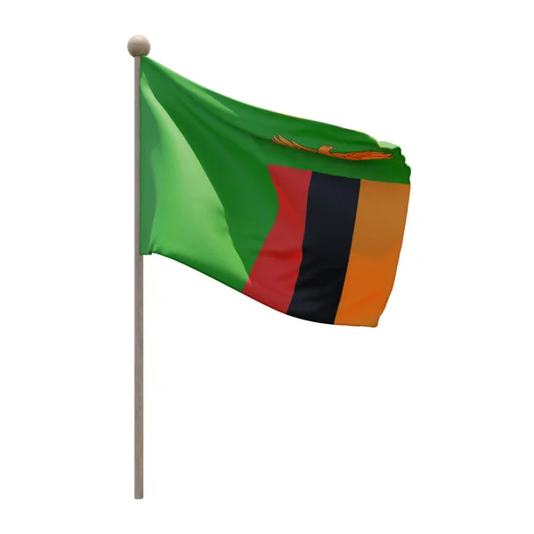 Zambia 3d illustration flag on pole. Wood flagpole