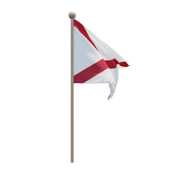 Alabama 3d illustration flag on pole. Wood flagpole