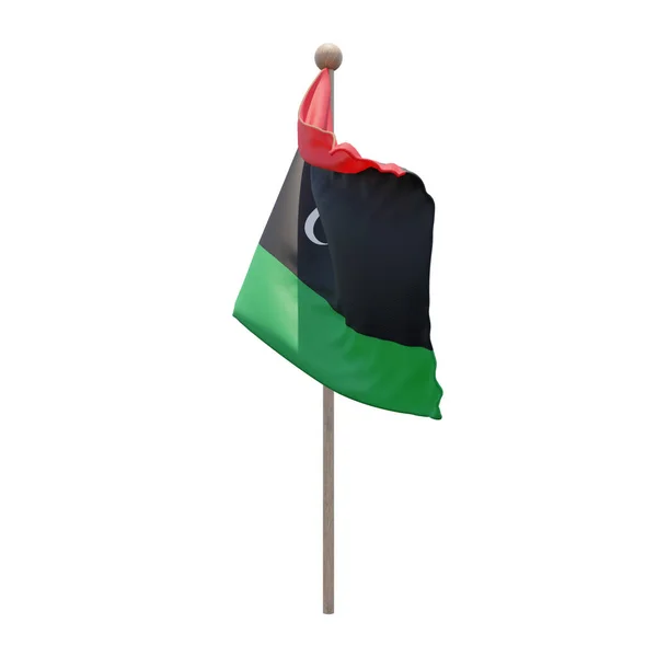 Libya 3d illustration flag on pole. Wood flagpole
