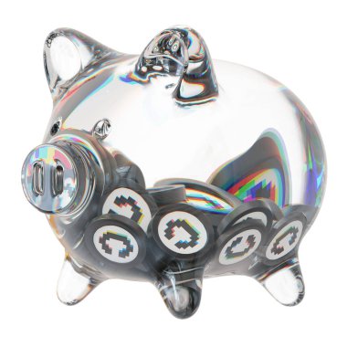 Convex Finance (CVX) Clear Glass piggy bank with decreasing piles of crypto coins. Saving inflation, financial crisis, and losing money concept. d illustration