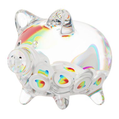 Curve DAO Token (CRV) Clear Glass piggy bank with decreasing piles of crypto coins. Saving inflation, financial crisis, and losing money concept. d illustration