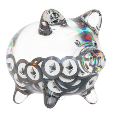 Ethereum (ETH) Clear Glass piggy bank with decreasing piles of crypto coins. Saving inflation, financial crisis, and losing money concept. d illustration