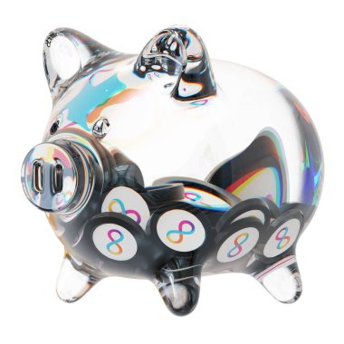 Internet Computer (ICP) Clear Glass piggy bank with decreasing piles of crypto coins. Saving inflation, financial crisis, and losing money concept. d illustration