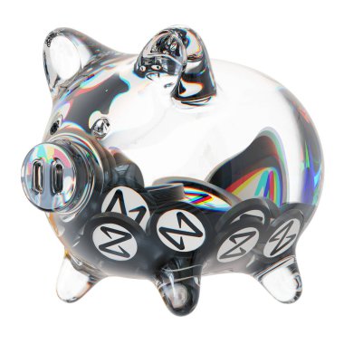 NEAR Protocol (NEAR) Clear Glass piggy bank with decreasing piles of crypto coins. Saving inflation, financial crisis, and losing money concept. d illustration