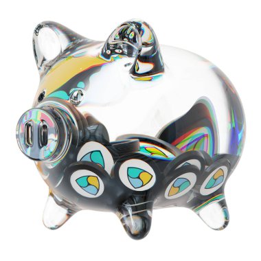 NEM (XEM) Clear Glass piggy bank with decreasing piles of crypto coins. Saving inflation, financial crisis, and losing money concept. d illustration