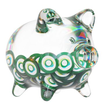 Pax Dollar (USDP) Clear Glass piggy bank with decreasing piles of crypto coins. Saving inflation, financial crisis, and losing money concept. d illustration