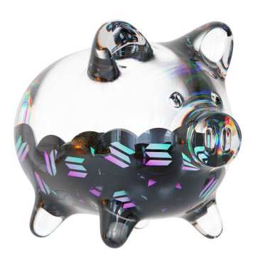 Solana (SOL) Clear Glass piggy bank with decreasing piles of crypto coins. Saving inflation, financial crisis, and losing money concept. d illustration