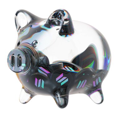 Solana (SOL) Clear Glass piggy bank with decreasing piles of crypto coins. Saving inflation, financial crisis, and losing money concept. d illustration