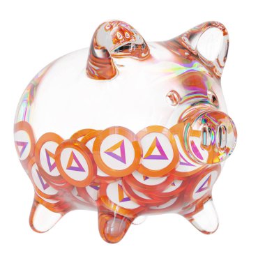 Basic Attention Token (BAT) Clear Glass piggy bank with decreasing piles of crypto coins. Saving inflation, financial crisis, and losing money concept. d illustration