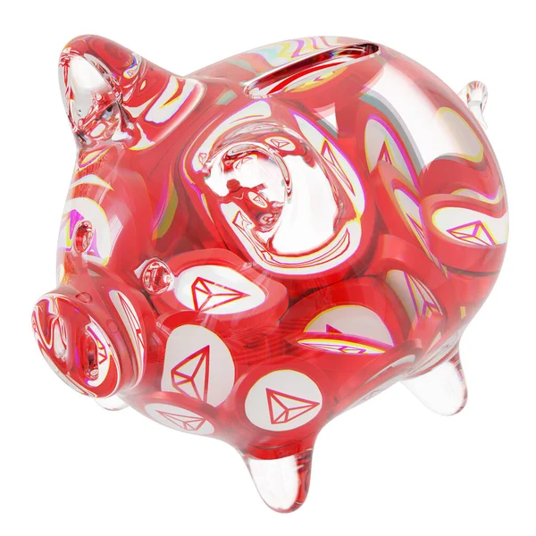 TRON (TRX) Clear Glass piggy bank with decreasing piles of crypto coins. Saving inflation, financial crisis, and losing money concept. d illustration