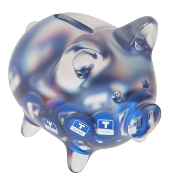 TrueUSD (TUSD) Clear Glass piggy bank with decreasing piles of crypto coins. Saving inflation, financial crisis, and losing money concept. d illustration