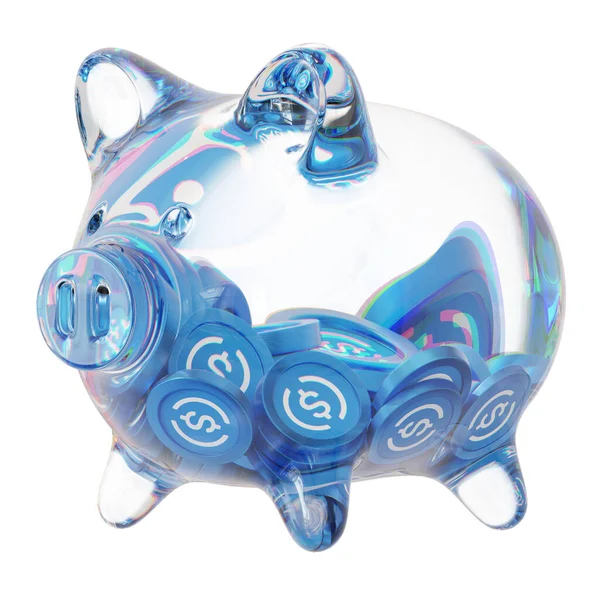 USD Coin (USDC) Clear Glass piggy bank with decreasing piles of crypto coins. Saving inflation, financial crisis, and losing money concept. d illustration