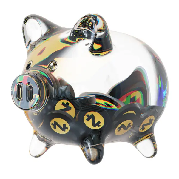 Zcash (ZEC) Clear Glass piggy bank with decreasing piles of crypto coins. Saving inflation, financial crisis, and losing money concept. d illustration