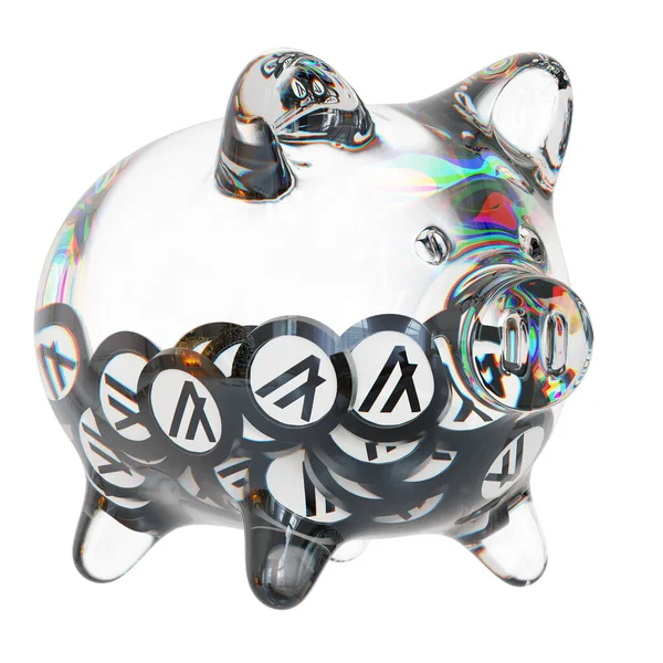 Algorand (ALGO) Clear Glass piggy bank with decreasing piles of crypto coins. Saving inflation, financial crisis, and losing money concept. d illustration