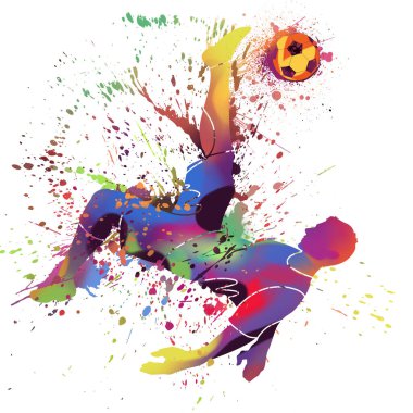 A Man Football Player in Watercolor Style. Fly up and Kick a Soccer Ball. Concept Art. Book Illustration. Video Game Characters. Serious Digital Painting. CG Artwork.