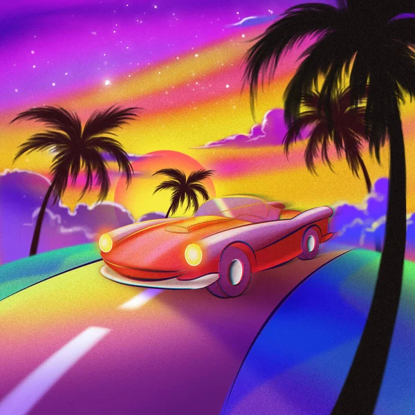 A Vintage Red Car Driving on Rainbow Roads. The Sky is Colorful. Coconut Trees on the Side of the Way. Concept Art. Book Illustration. Video Game Characters. Serious Digital Painting. CG Artwork.