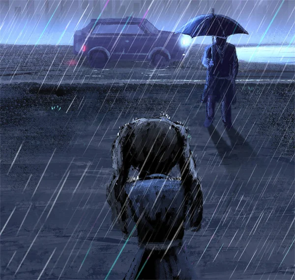 Raining Mystery Man Umbrella Car Well Girl Umbrella Concept Art — Stock fotografie