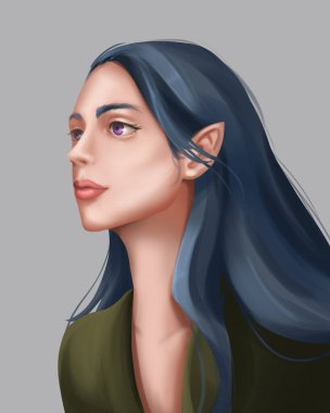A Beautiful Girl Elf with Long Black Hair. Her Eyes are Purple. Concept Art. Book Illustration Clipart. Video Game Characters. Serious Digital Painting. CG Artwork.
